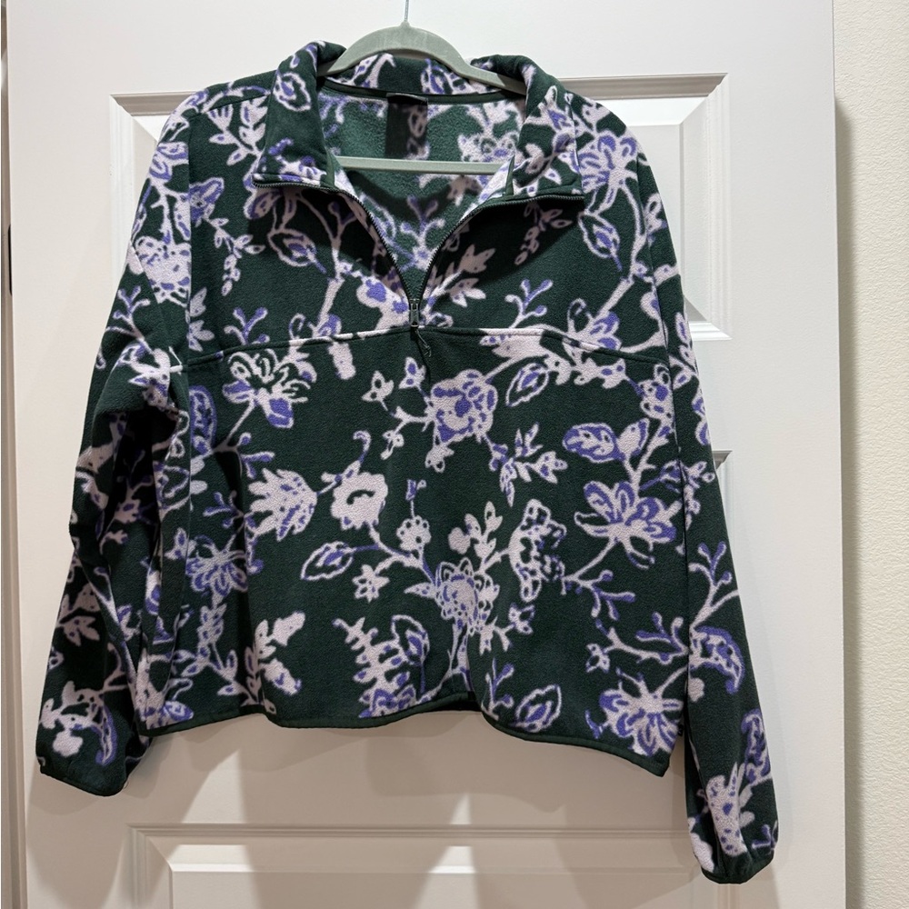 Eddie Bauer Women’s pullover half-zip fleece- dark green and purple.